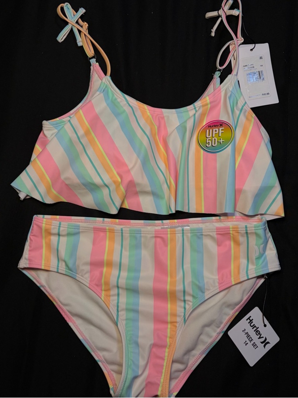 Hurley Pastel Striped Ruffle Tankini - Pink, Yellow, Blue, Green